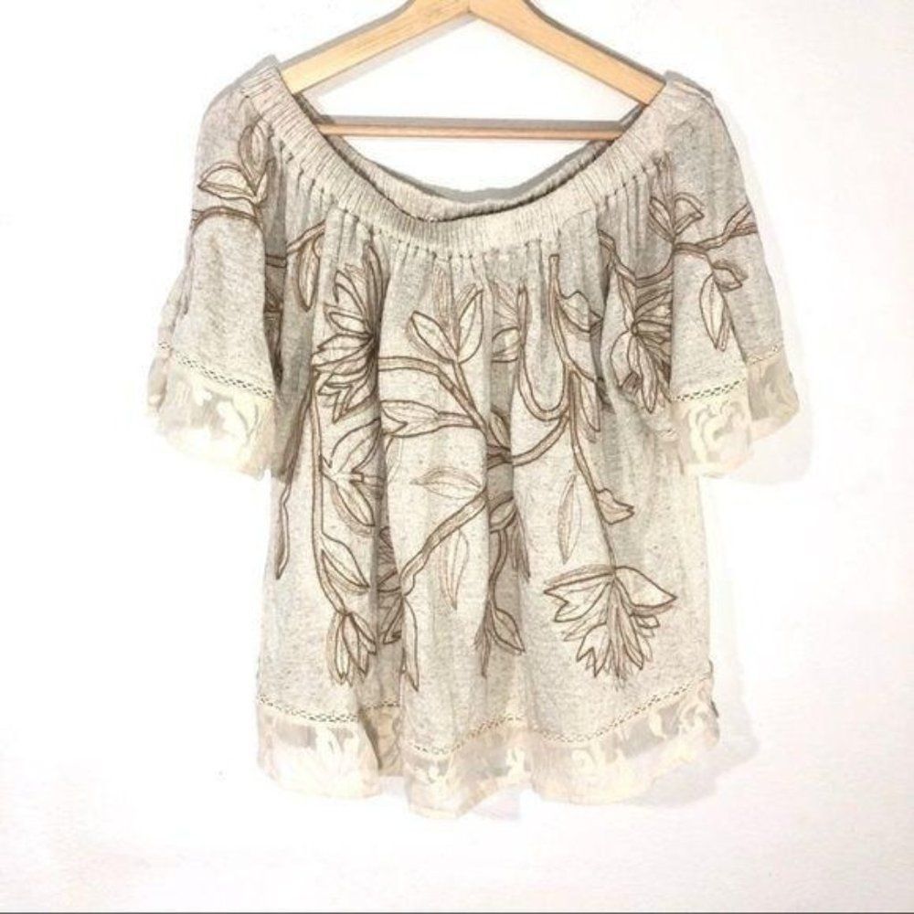 Lucky Brand Women's Boho Tan Off Shoulder Embroidered Floral Top Size XS